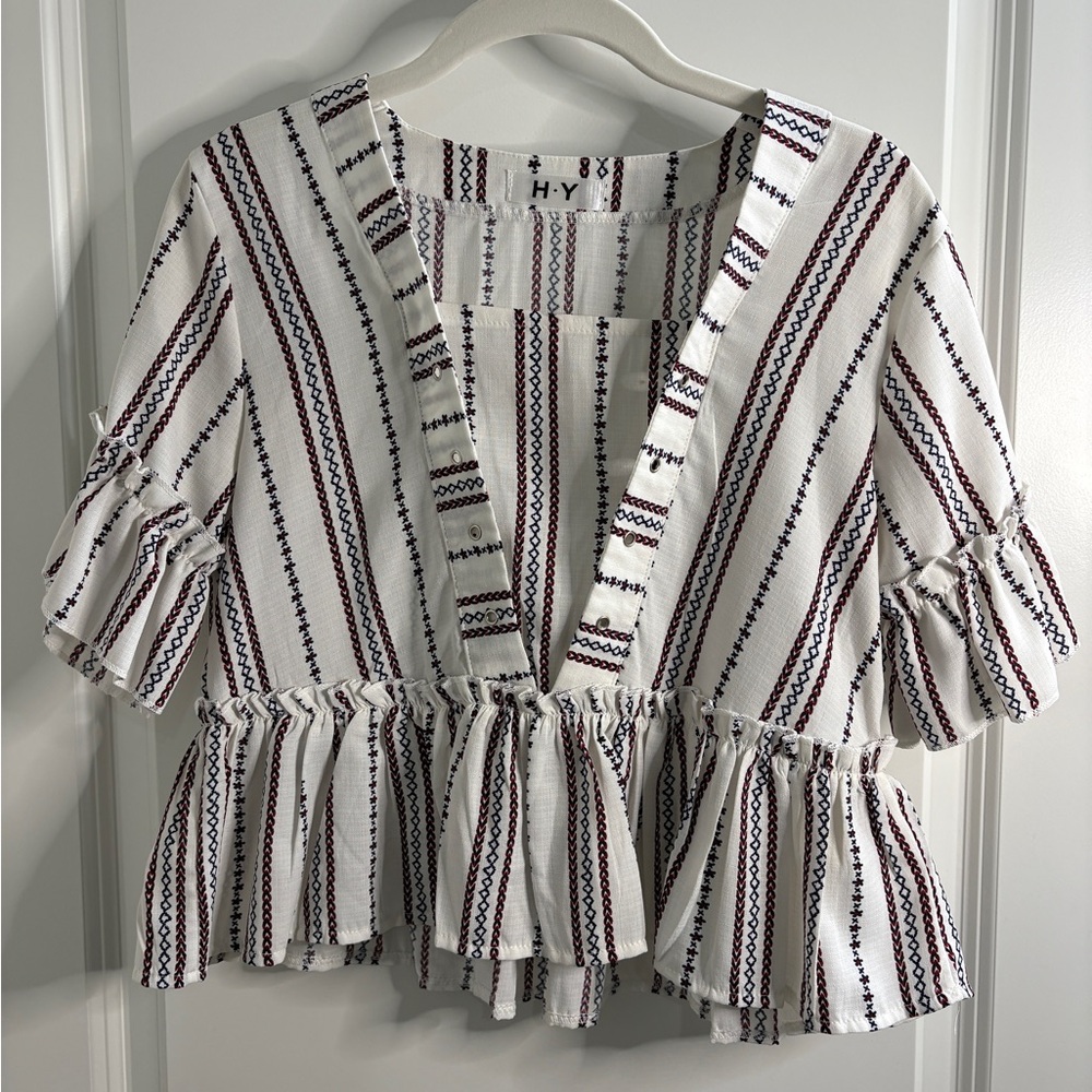 Striped Ruffle Hem Top - White, Black and Red